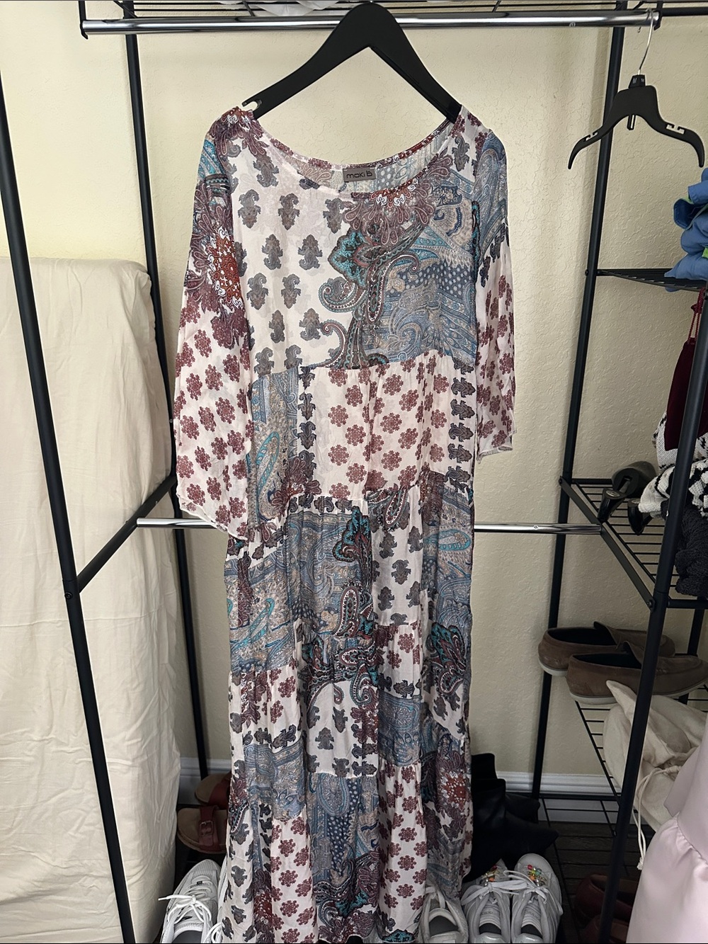 Moki B Paisley Patchwork Tiered Maxi Dress in Blue & Burgundy